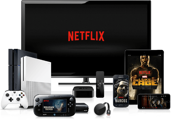 A phone, tablet, TV, and game devices displaying Netflix.